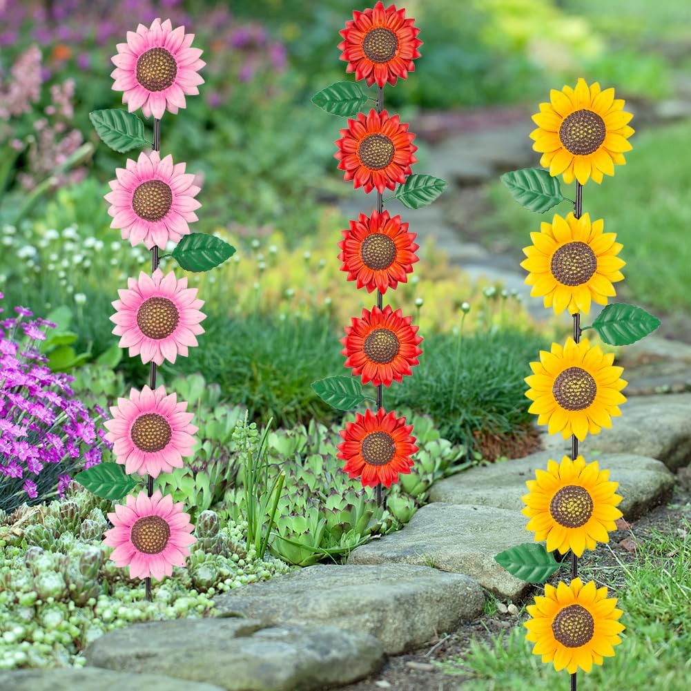 3 Pack Sunflowers Garden Stakes Decor,Metal Yard Art Decorative Garden Stakes,Metal Flowers Spring Garden Decor for Outside,Landscape,Patio(22.6 * 4.7IN)