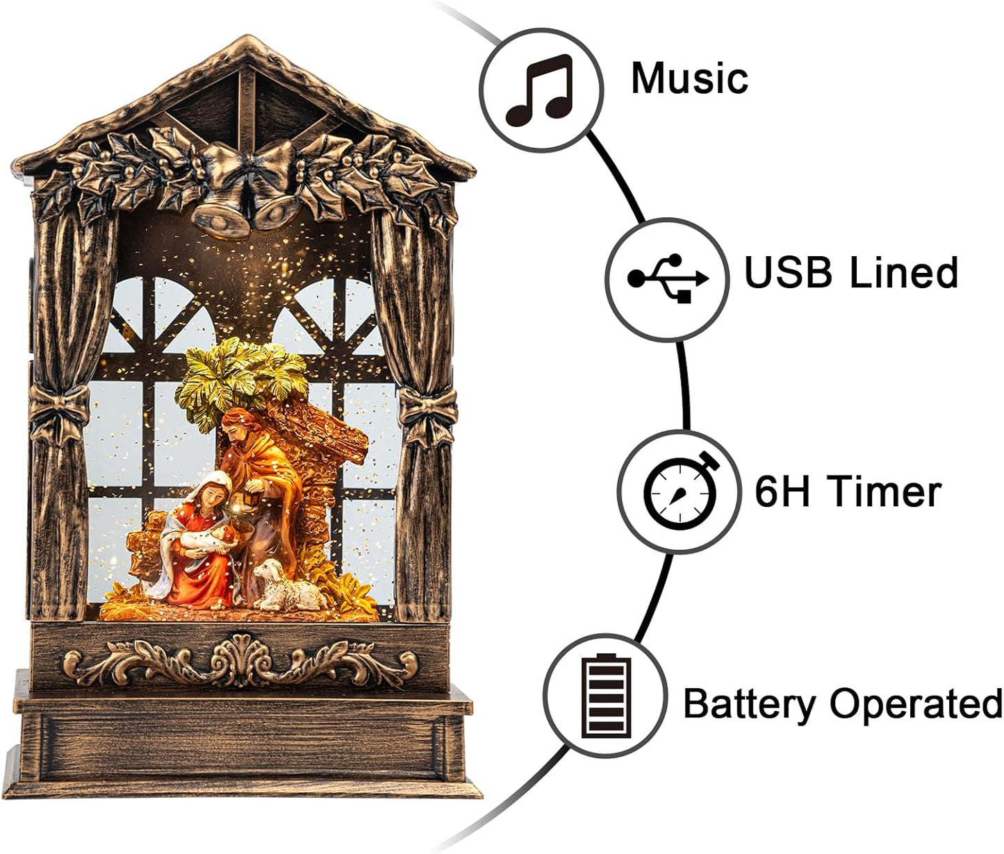 Christmas Snow Globe Swirling Glittering Holy Family Manger Scene, USB Lined/Battery Operated Lighted Water Lantern for Christmas Festival Decoration Gifts