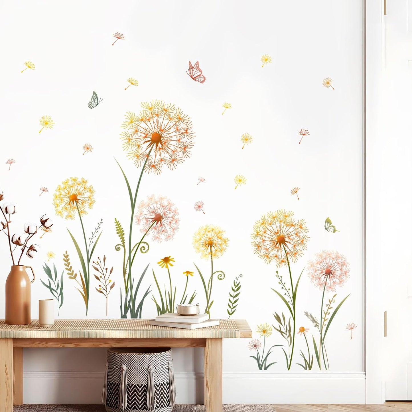 Dandelion Flower Butterfly Wall Decals Gold Dandelion Plants Floral Wall Stickers Peel and Stick Vinyl Wall Art Decor for Living Room Bedroom Office TV Sofa Backdrop Home Decor Gifts for Mom