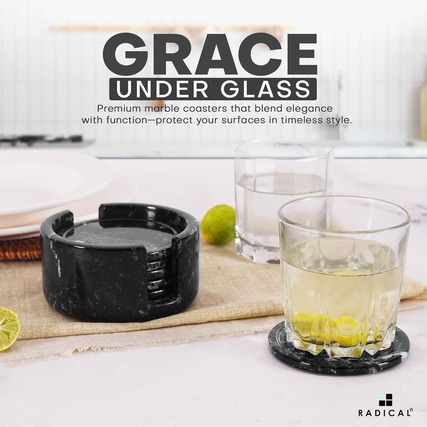 Marble Coasters Set of 6 Black 3.5 Inch Round Coaster for Drinks with Holder, Drink Coaster for Tabletop & Coffee Table Decor, Ideal Home Decor House Warming Gifts