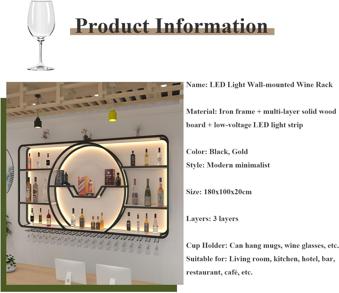 3-Tiers Metal Wine Rack Wall Mounted Modern With LED Light With Wine Glass Holder Large Liquor Bar Display Shelf,Bar Bottle Display Shelf Wine Cups Hanging Holder For Kitchen Living Room Home Decor(Bl