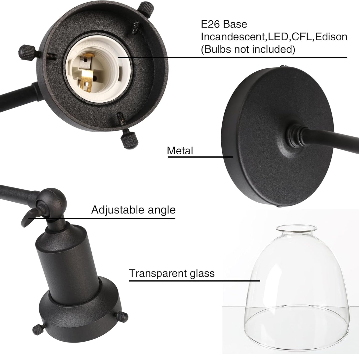 PERMO Industrial Vintage Sconces Slope Pole Single Sconce with 6.7" Oval Dome Clear Glass Shade Matte Black Wall Sconce Wall Mount Light Fixture for Bathroom Bedroom Entryway Home Office Kitchen