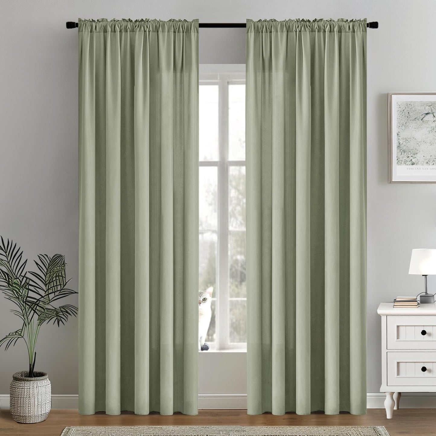MIULEE Sage Green Privacy Sheer Curtains That Let Light in 72 Inches Long Non-See-Through Semi Sheer Curtain Light Filtering Window Curtains Drapes for Living Room Bedroom 2 Panels Set 42 X 72