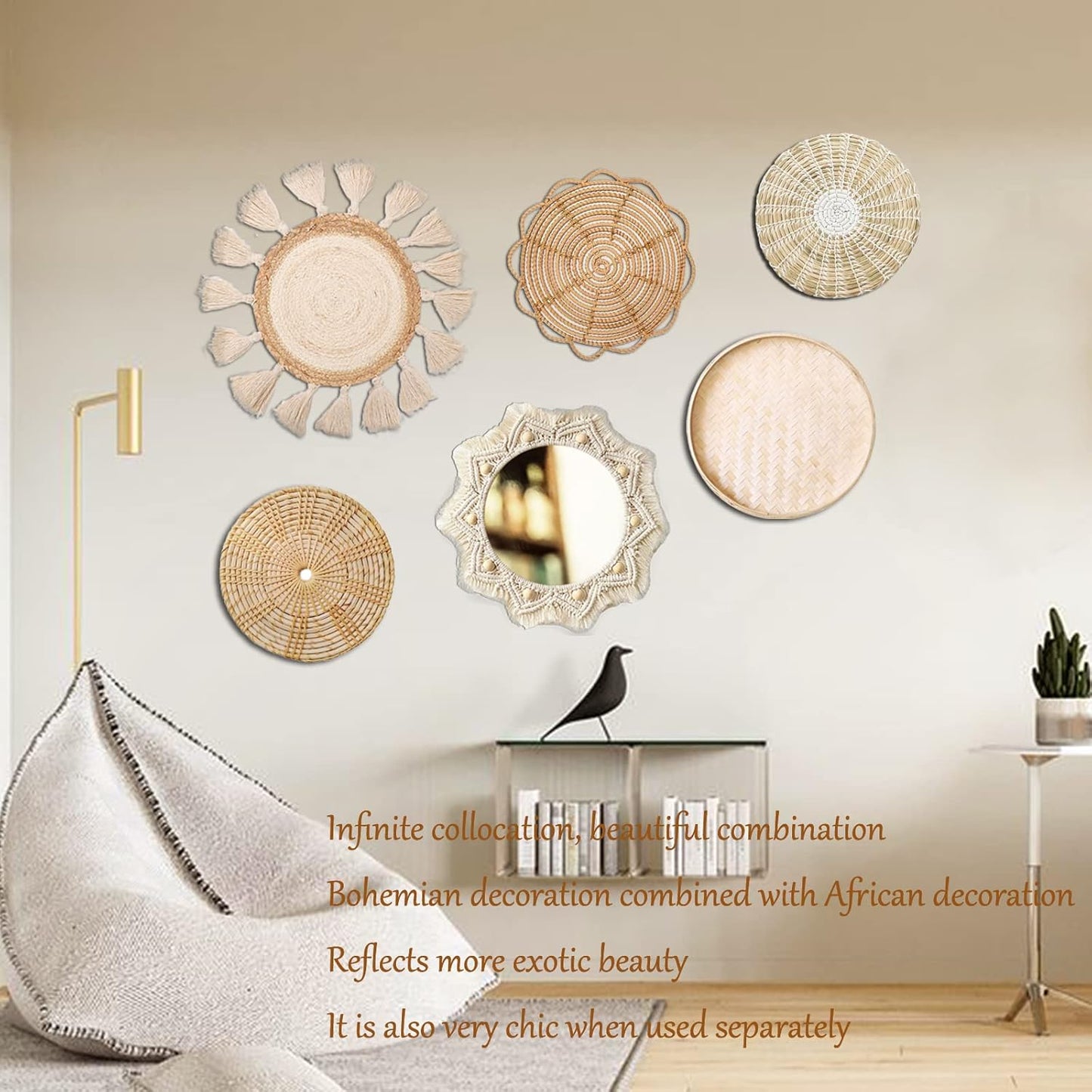 Boho Wall Basket Decor Set - Flat Woven Macrame Tapestry, Mirror White Round Tassels, Handmade Rattan Wicker Seagrass Wall Basket