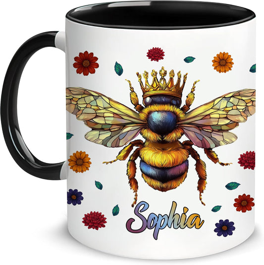 Hyturtle Personalized Floral Bee Mug - Bee Keeper Gifts For Women Lovers Teacher - Honey Gifts For Beekeeper Farmer On Birthday - Queen Honeycomb Decor - Custom Coffee Cup Ceramic Mug 11 Oz 15 Oz