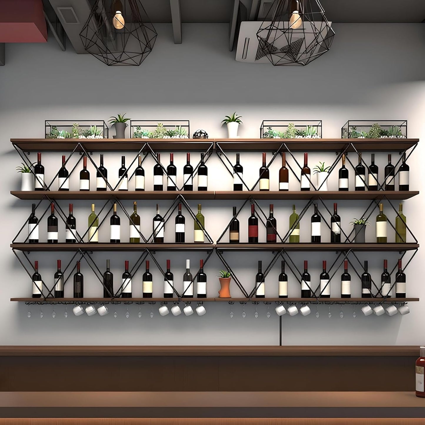 95in Wine Rack Wall Mount with Glass Holder, DIY Floating Wine Rack, Multi-Function Bar Wine Bottle Display Rack for Commercial Restaurants, Tea Rooms, Bars, Wine Cellars (black, 95in/240cm)