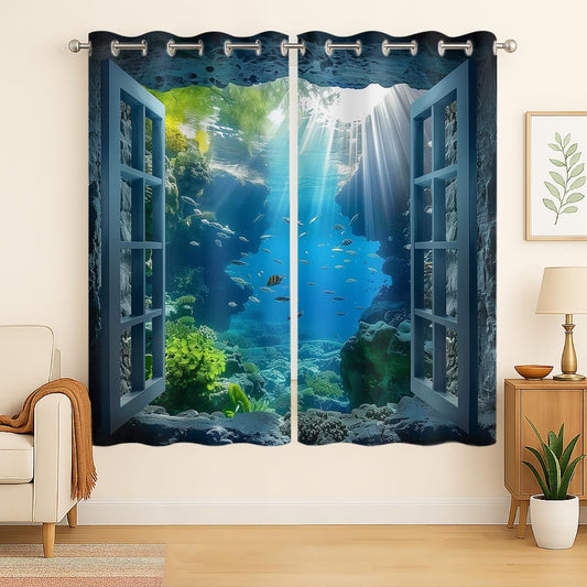 Ocean Fishs Blackout Curtains for Girls Boys Home Decor, Underwater Tropical Fish Undersea Coral Grommet Thermal Insulated Drapes Darkening Window Curtain for Bedroom Living Room, 84 x 84 Inch