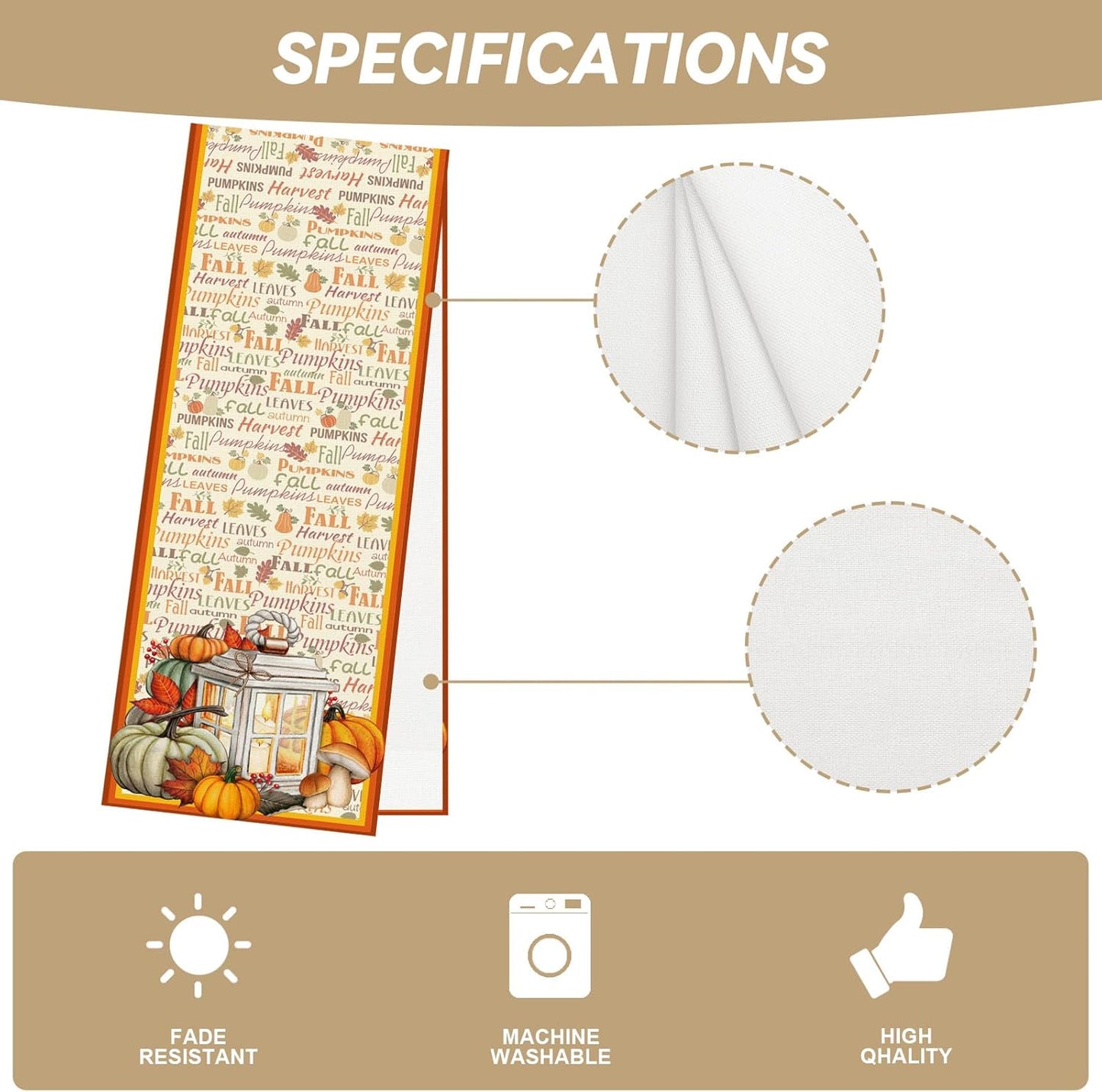 Linen Fall Table Runner - 60 Inch Farmhouse Fall Leaves Pumpkin Decor for Autumn Thanksgiving Home Kitchen Dining Room