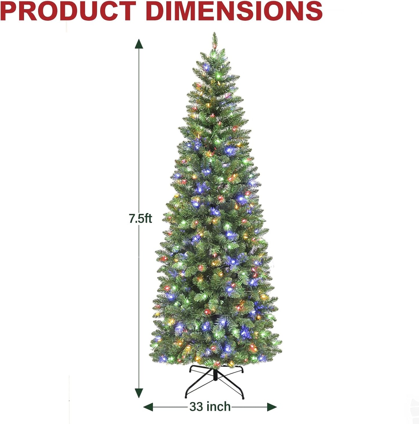 Hykolity 7.5 ft Prelit Pencil Slim Christmas Tree, 792 Branch Tips, 300 Color Changing LED Lights for Decoration, Metal Stand and Hinged Branches, 10 Color Modes