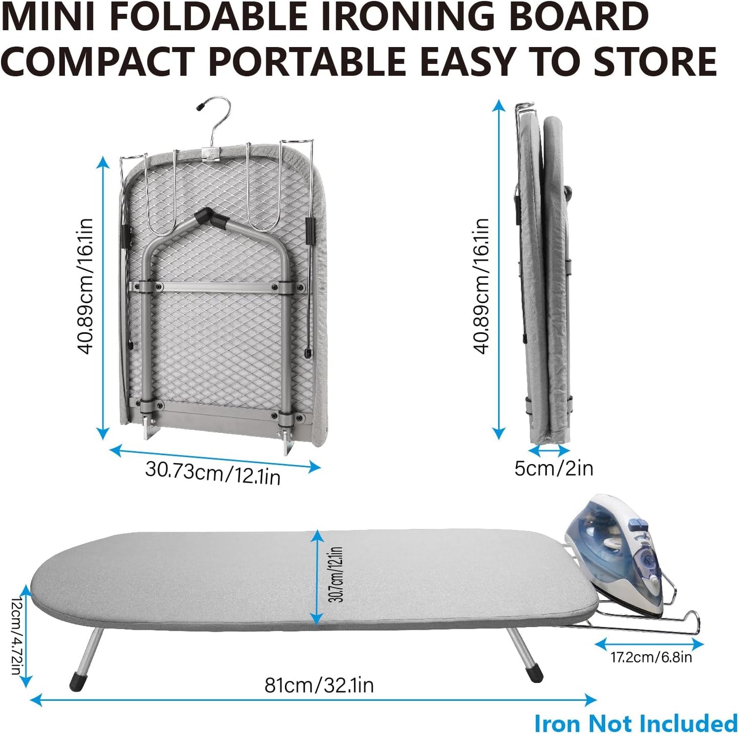 Metal Tabletop Ironing Board with Iron Rest, Portable Ironing Board Small with Heat Resistant Cotton Cover, Mini Iron Board for Small Space and Travel, 32 x 12 Inch (Gray)