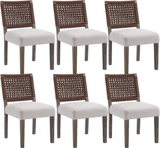 Kmax Farmhouse Dining Chairs Set of 6, Rustic Kitchen Chairs with Linen Fabric Seat and Woven Back, Vintage Accent Chairs for Dining Room, Living Room, Beige