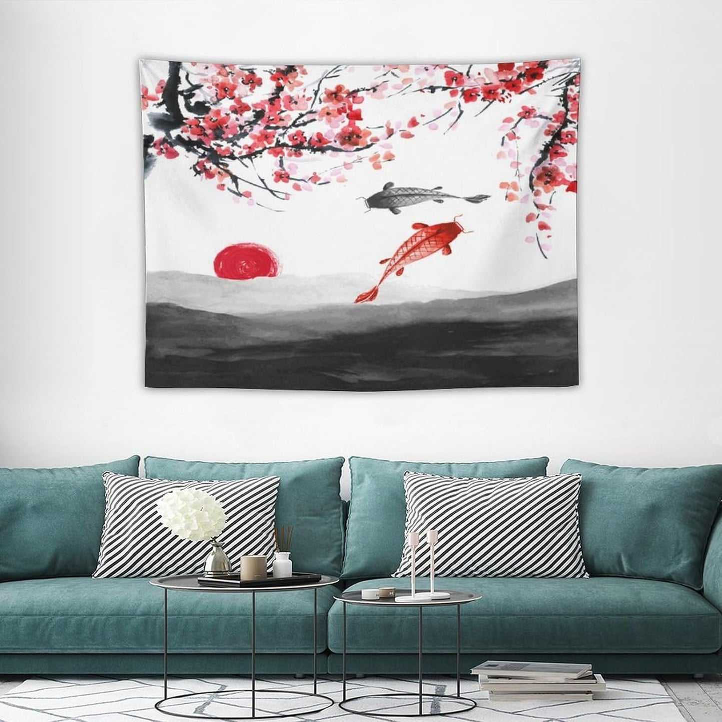 Japanese Koi Fish Tapestries, Cherry Blossoms Asian Oriental Flower Branch Koi Fish Carp Tapestry Wall Hanging for Bedroom Living Room Office Decor 40"x30"