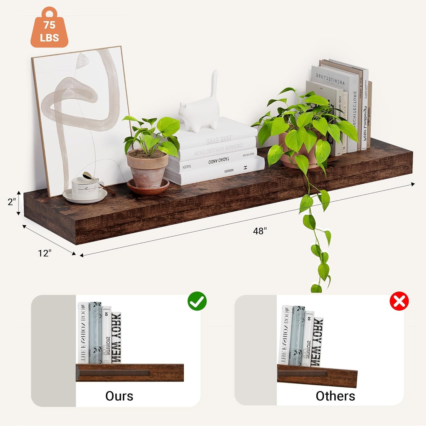 Heimlove 12 Inch Deep Floating Shelves, 48 x 12 inches Long, Large Display & Storage Shelf, Rustic Wood Wall Shelves for Fireplace Mantel, Set of 1(Rustic Brown)