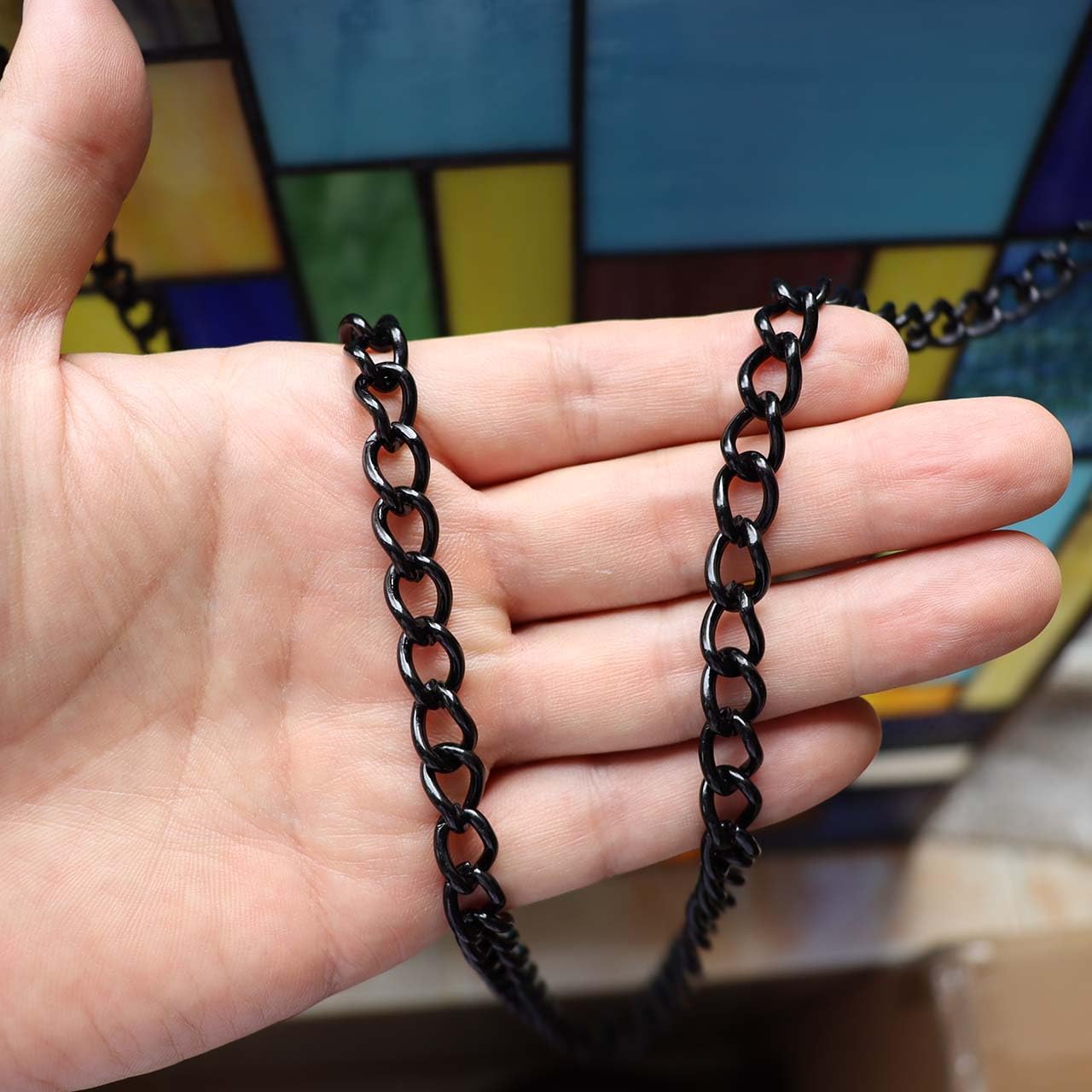 Bieye Geometric Color Block Tiffany Style Stained Glass Window Panel with Hanging Chain (13x24 inches W10090)