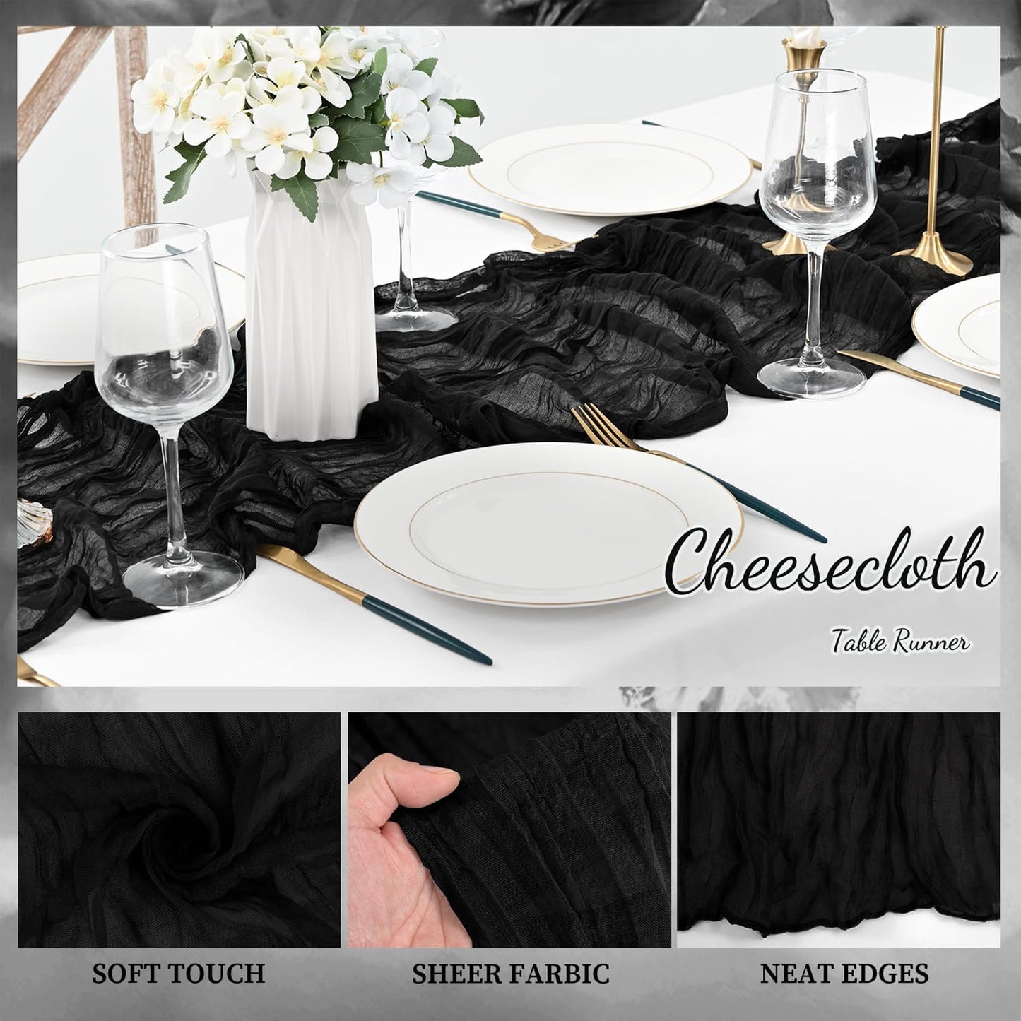 10FT 6 Pack Black Cheesecloth Table Runner 20 x 120 Inch Long Boho Fabric Rustic Cheese Cloth Table Runner for Wedding Bridal Shower Baby Shower Gauze Sheer Birthday Party Table Decorations