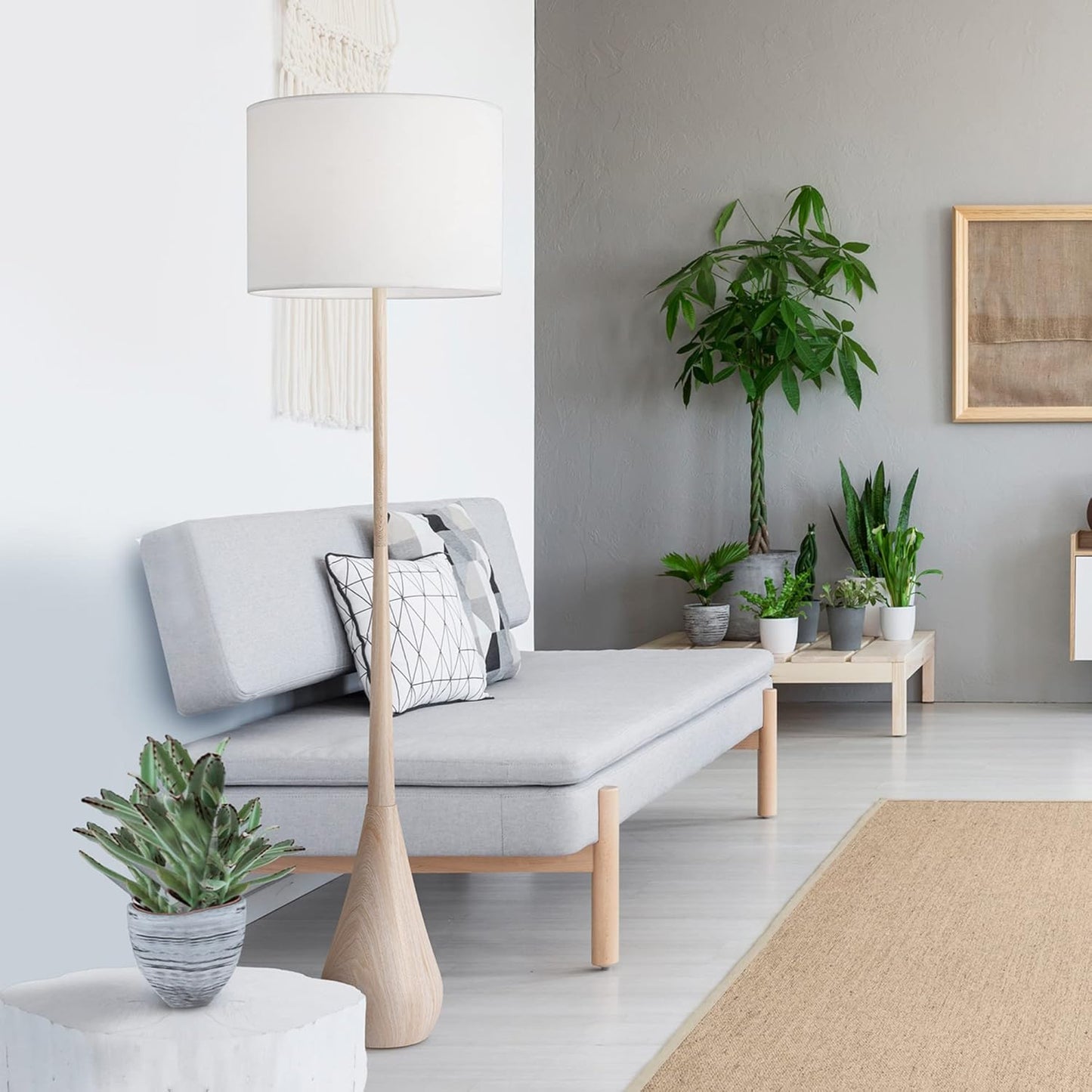 GLOBE Electric 52112 65" Floor Lamp, Faux Wood Finish, White Cotton Shade, Japandi Style, E26 Base, Modern Bedroom and Living Room Lighting