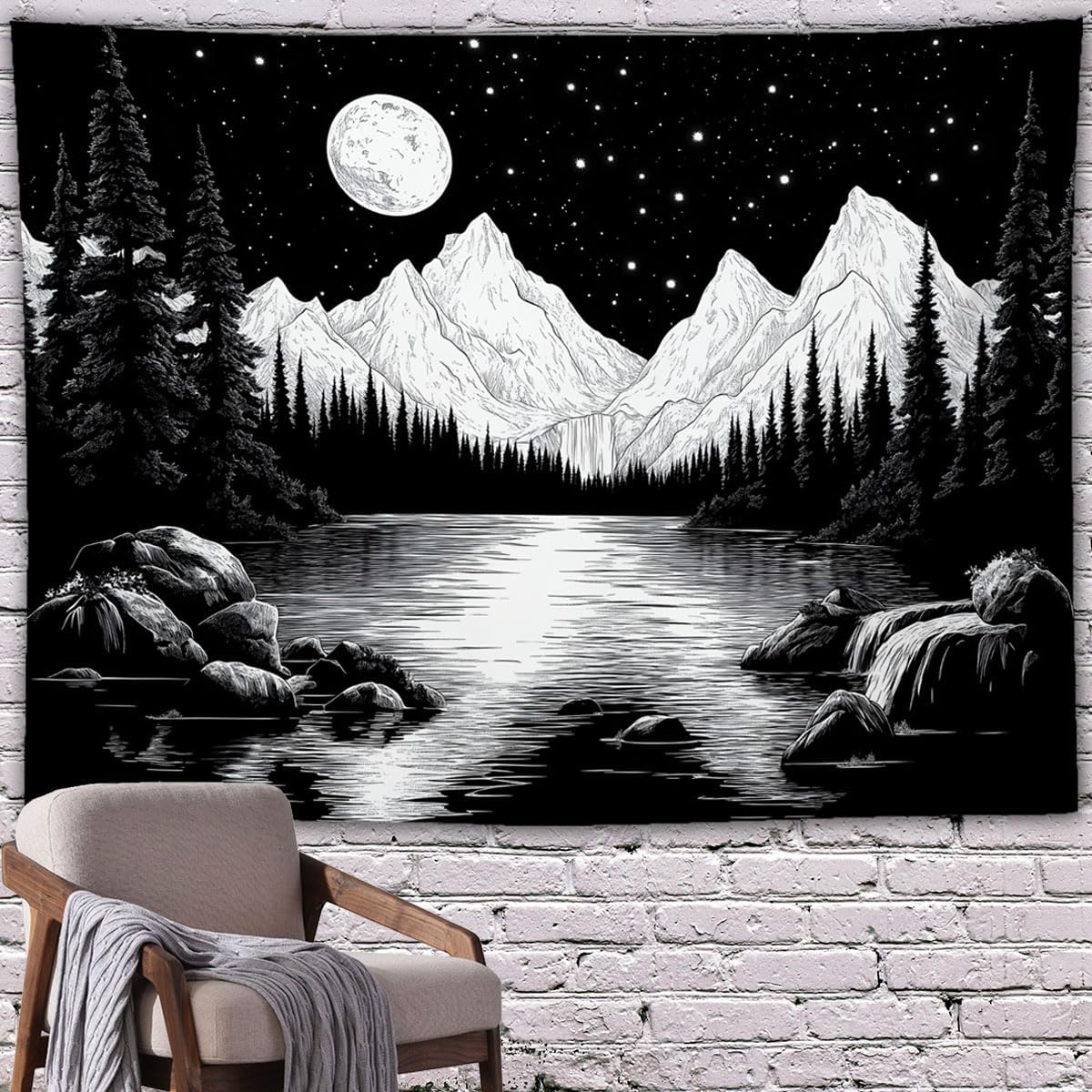 keowhsf Starry Night Mountain Lake Tapestry Black and White Tapestries Aesthetic Moon and Stars Wall Hanging Dark Nature Forest Tapestry for Bedroom Living Room Dorm Decor