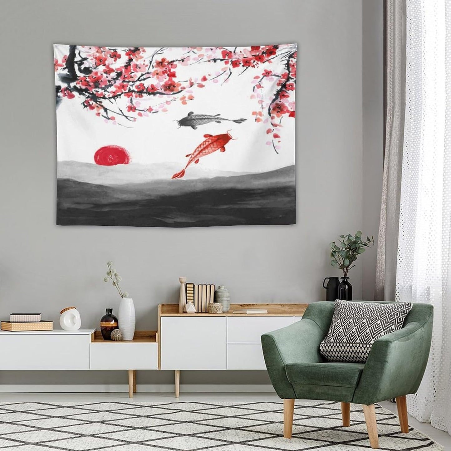 Japanese Koi Fish Tapestries, Cherry Blossoms Asian Oriental Flower Branch Koi Fish Carp Tapestry Wall Hanging for Bedroom Living Room Office Decor 40"x30"