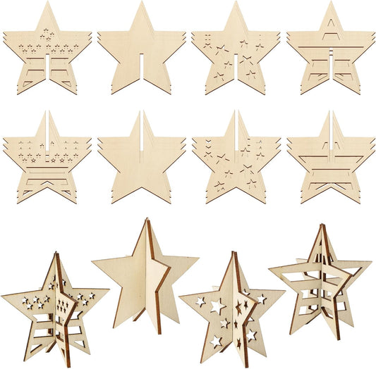 COCHIE DIY 3D 4th of July Stars Wood Crafts to Paint for Kids Adults, Paintable Unfinished Wooden Slices for Craft, Memorial Day Veterans Day Star Cutouts Ornaments for Painting Decorations (24 PCS)