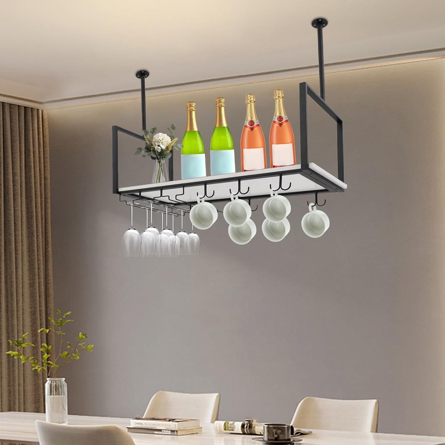 Hanging Wine Rack with Glass Holder and Shelf Metal Ceiling Bar Wine Glass Rack Industrial Wall Mounted Floating Shelve Perfect for Bar Cafe Kitchen Restaurant