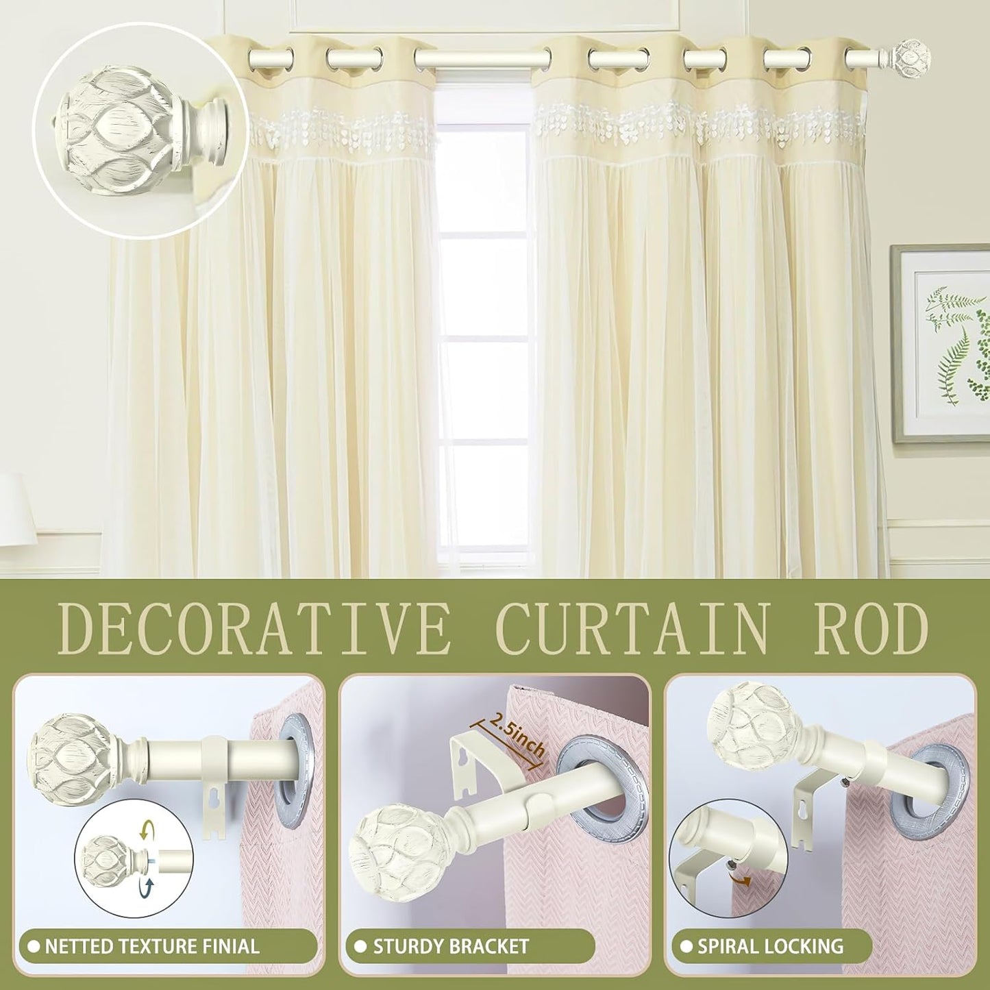 White Farmhouse Curtain Rods for Windows:Heavy Duty Adjustable Curtain Rod for Bedroom Living Room,Boho Decorative Rustic Drapery Pole with Vintage Coastal Finials,Antique White 2 Pack 36-88"