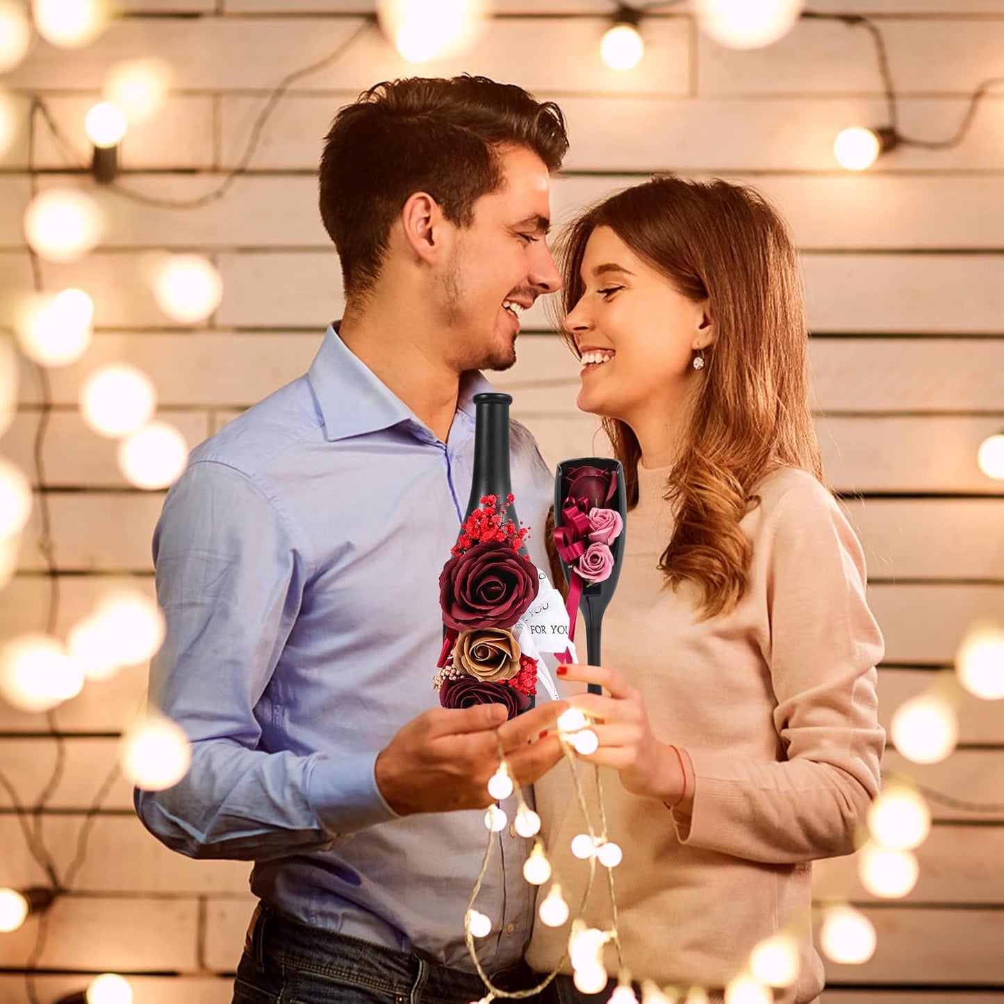 Valentines Day Gift Red Rose Fake Flowers Wine Bottle Vase Rose Glass Artificial Flowers for Home Table Decor Office Decoration Preserved Rose Flowers For Her Womens Valentines Decoration Set of 2