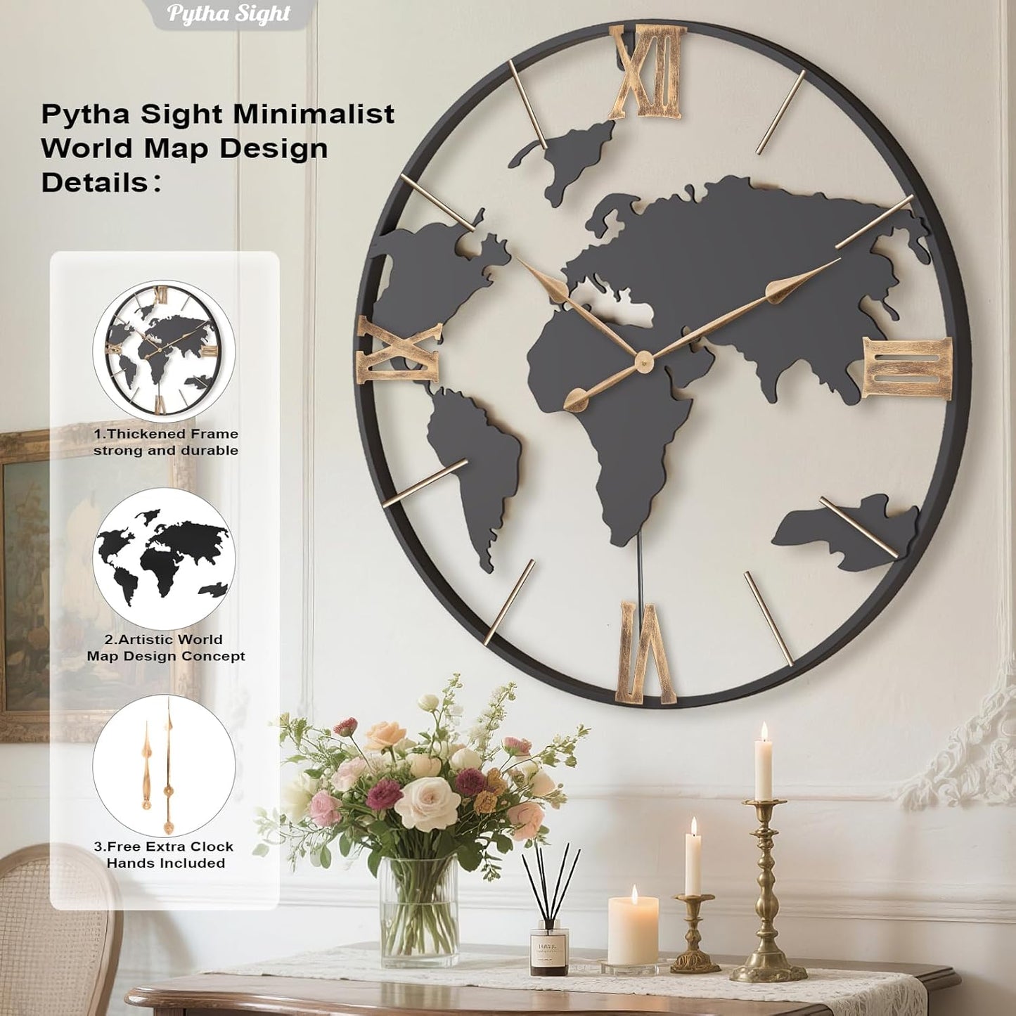 36 Inch Oversized Giant Extra Large Modern Decorative Metal World Map Wall Clock,Big Vintage Gold Roman Numeral Wall Clocks for Living Room,Entryway,Office,Fireplace,Dining Room