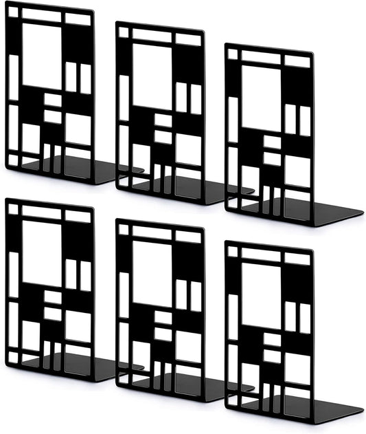 Book Ends, Bookends, Book Ends for Shelves, Bookends for Heavy Books, Book Divider Decorative Holder, Metal Heavy Duty Bookend Black 3 Pair, Abstract Art Desgin Book Stopper Supports for Office, Home
