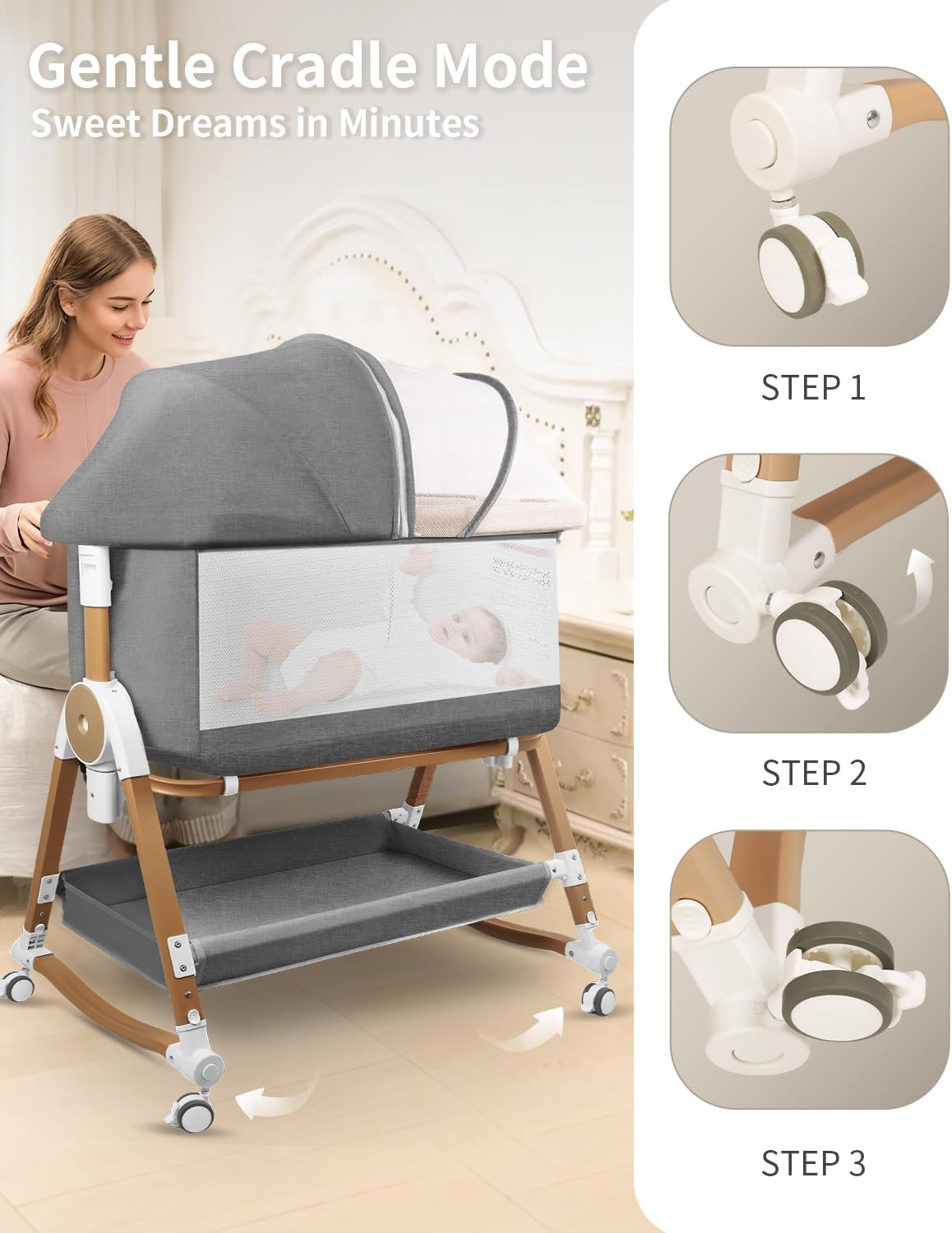 4 in 1 Baby Bassinet, Bassinets Bedside Sleeper with Wheels and Storage Basket, Adjustable 7 Heights Bedside Sleeper with Mosquito Net, Breathable Mesh Rocking Bassinet for Baby (Grey)