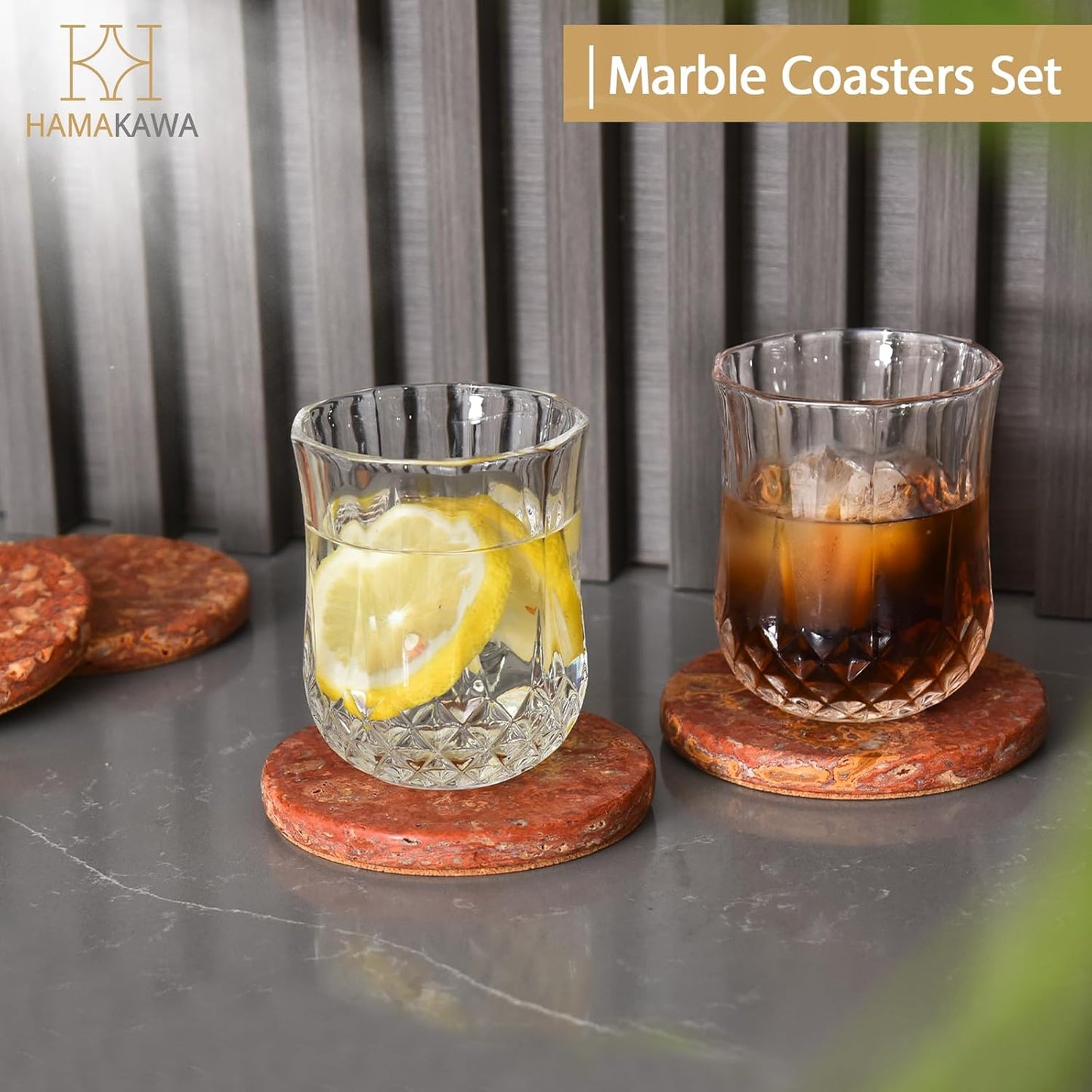 Real Natural Marble Coasters Set of 4, Modern Red Stone 4 Inch, Round Travertine Drink Coasters for Home Decor, Coffee Table, Office