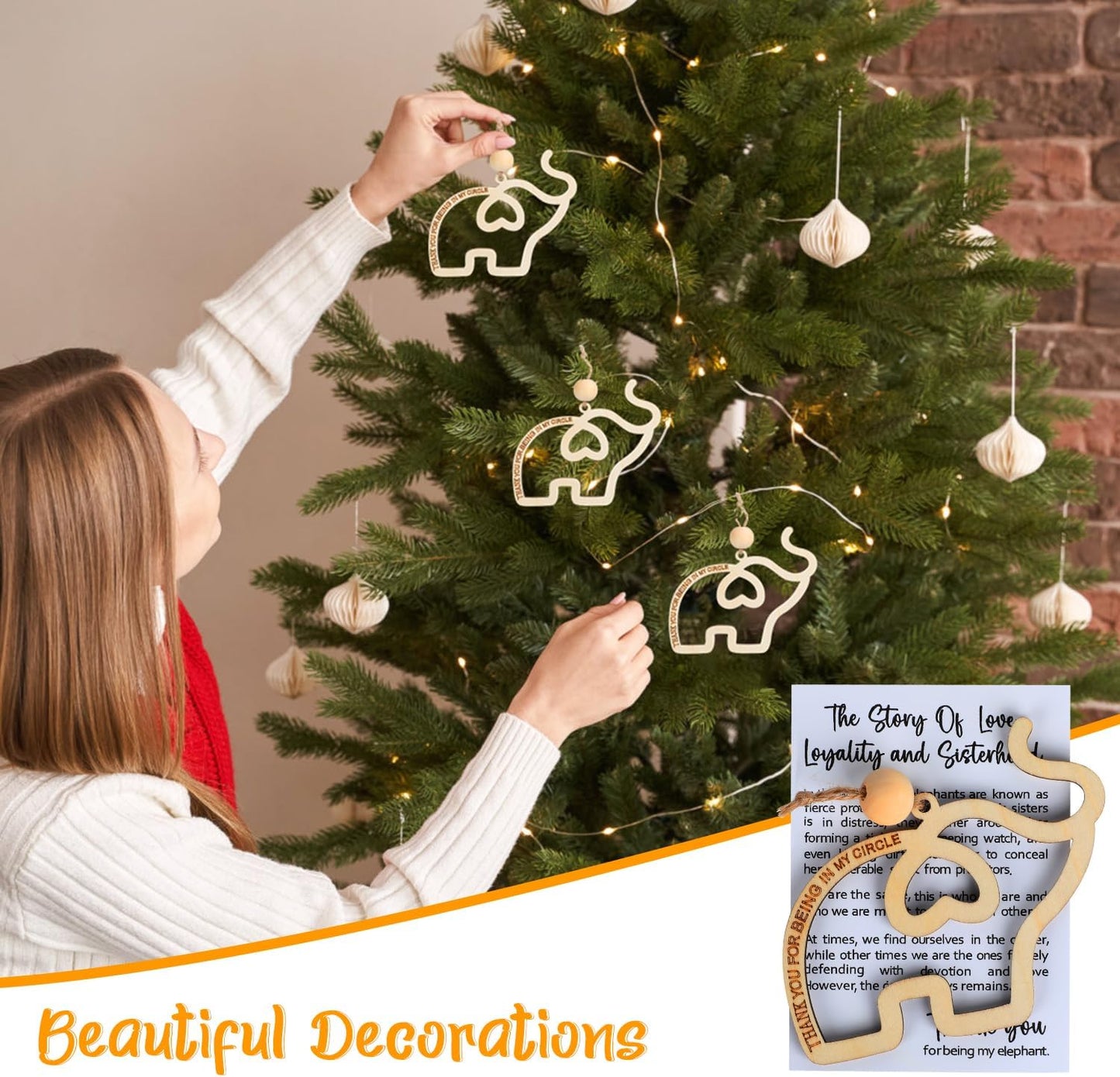 3 PCS Friendship Wooden Elephant Ornament Set, Sisterhood & Best Friends Gift, Christmas Ornament with Story