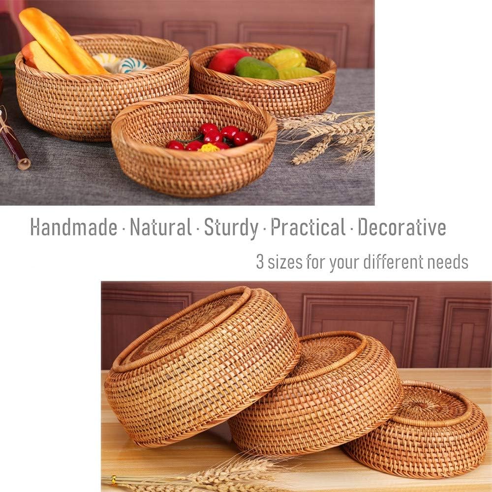 3 Pack Hadewoven Round Rattan Fruit Basket Wicker Food Tray Weaving Storage Holder Dinning Room Bowl, 10 Inch Small Wicker Basket Serving Tray Woven Basket for Bread,Snack,Brown(3-Size Kit)