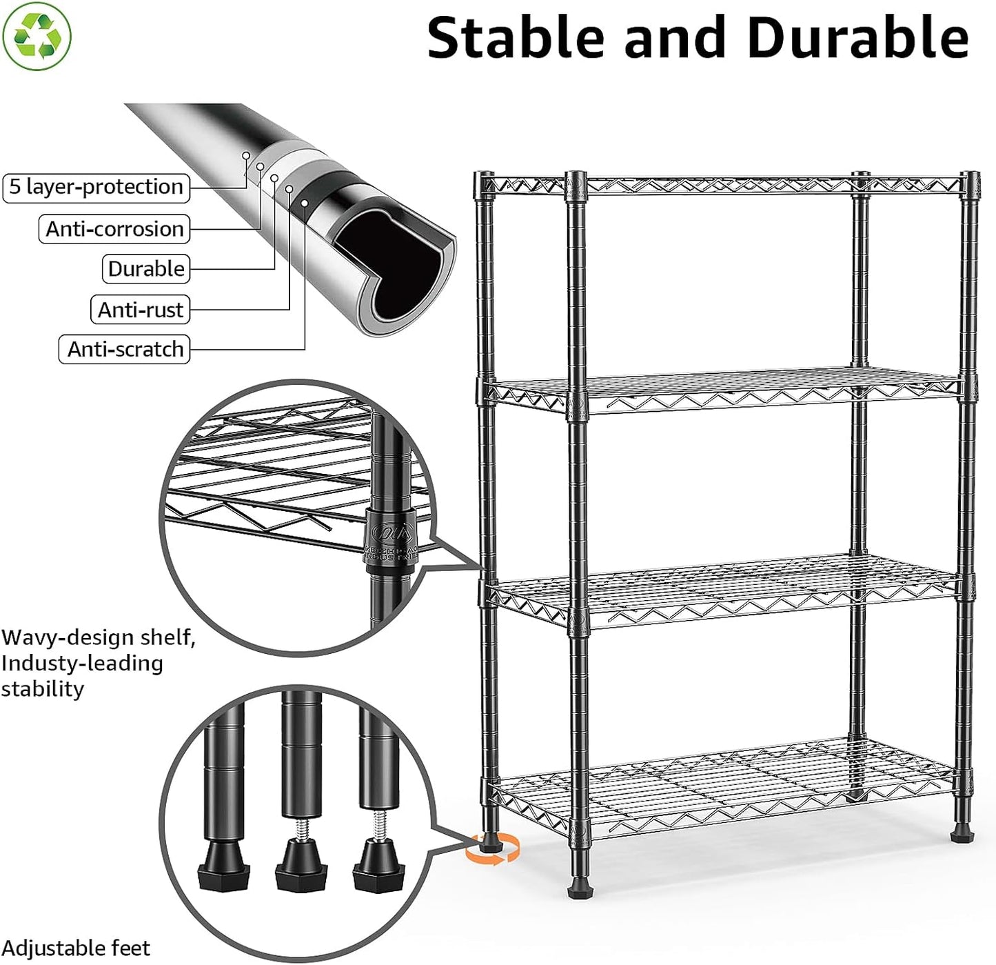 1000 lbs Storage Shelving Steel Heavy Duty 4-Tier Utility Shelving Unit Steel Organizer Wire Rack for Home,Kitchen,Office (13.7" D x 29.5" W x 47.2" H)