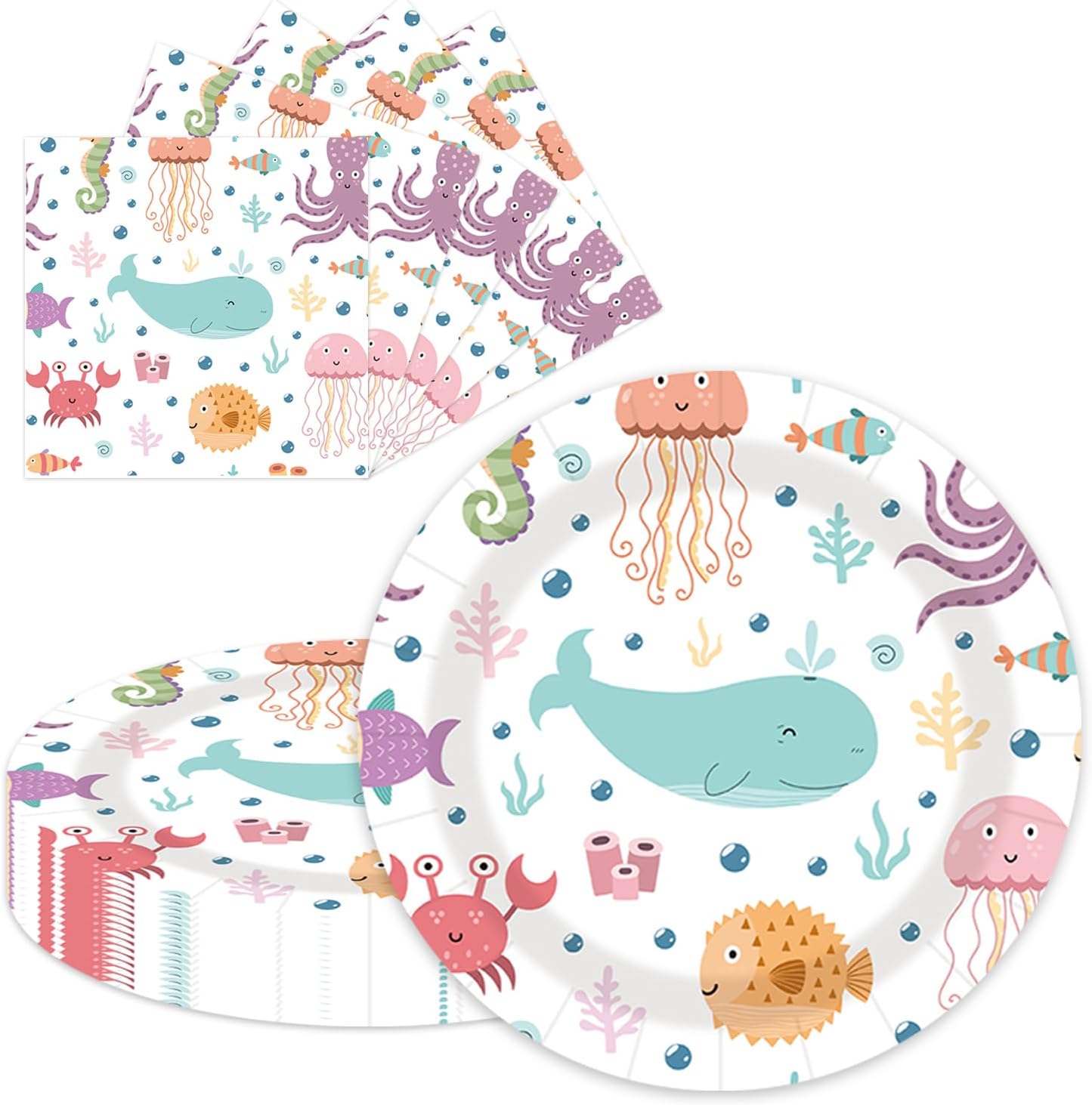 40 pcs summer pool Party Paper Plates and Napkins Disposable Party Decorations White Ocean 9 inch 20 pcs luau tropical Dessert Plates & 20 pcs Napkins Tableware for Fruit Cake