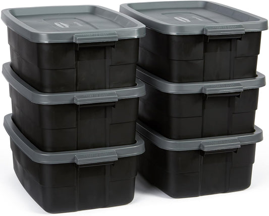 Rubbermaid Roughneck Tote 10 Gal, 6 Pack, Made in USA, Black & Gray, Rugged Plastic Stackable Storage Bins with Lids and Handles