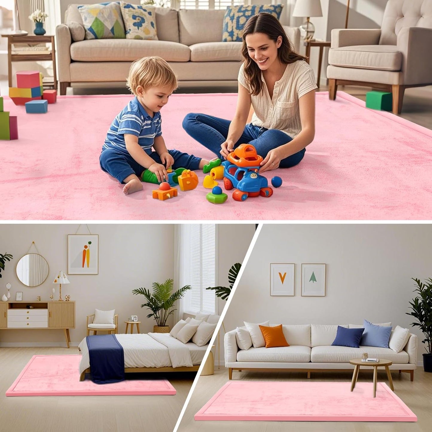 ACOMOPACK Baby Play Mat for Floor,1.3" Thick Memory Foam Area Rug for Living Room,Soft Velvet Crawling with Non-Slip Bottom for Kid,Toddler,79"×118" Tummy Time Nursery Rugs,Yoga（Pink）