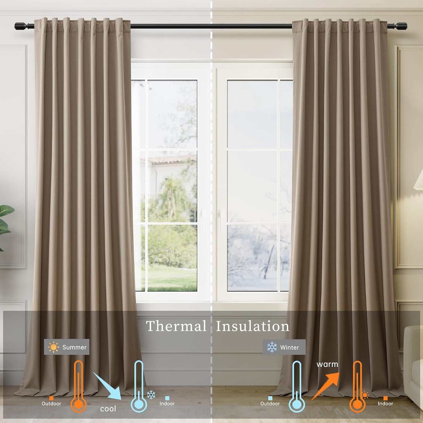 BOODII Room Darkening Curtains 120 Inch Back Tab Thermal Insulated Black Out Linen Drapes Extra Long Blackout Curtains for Patio Door Large Window Ceiling to Floor Light Blocking Light Brown 52x120