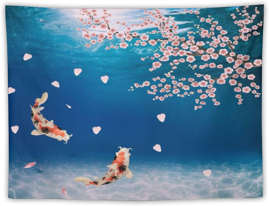 Japanese Koi Fish Tapestry, Cherry Blossoms Asian Oriental Blue Floral Branch Koi Fish Carp Tapestries Wall Hanging for Bedroom Living Room Office Decor 60"x40"