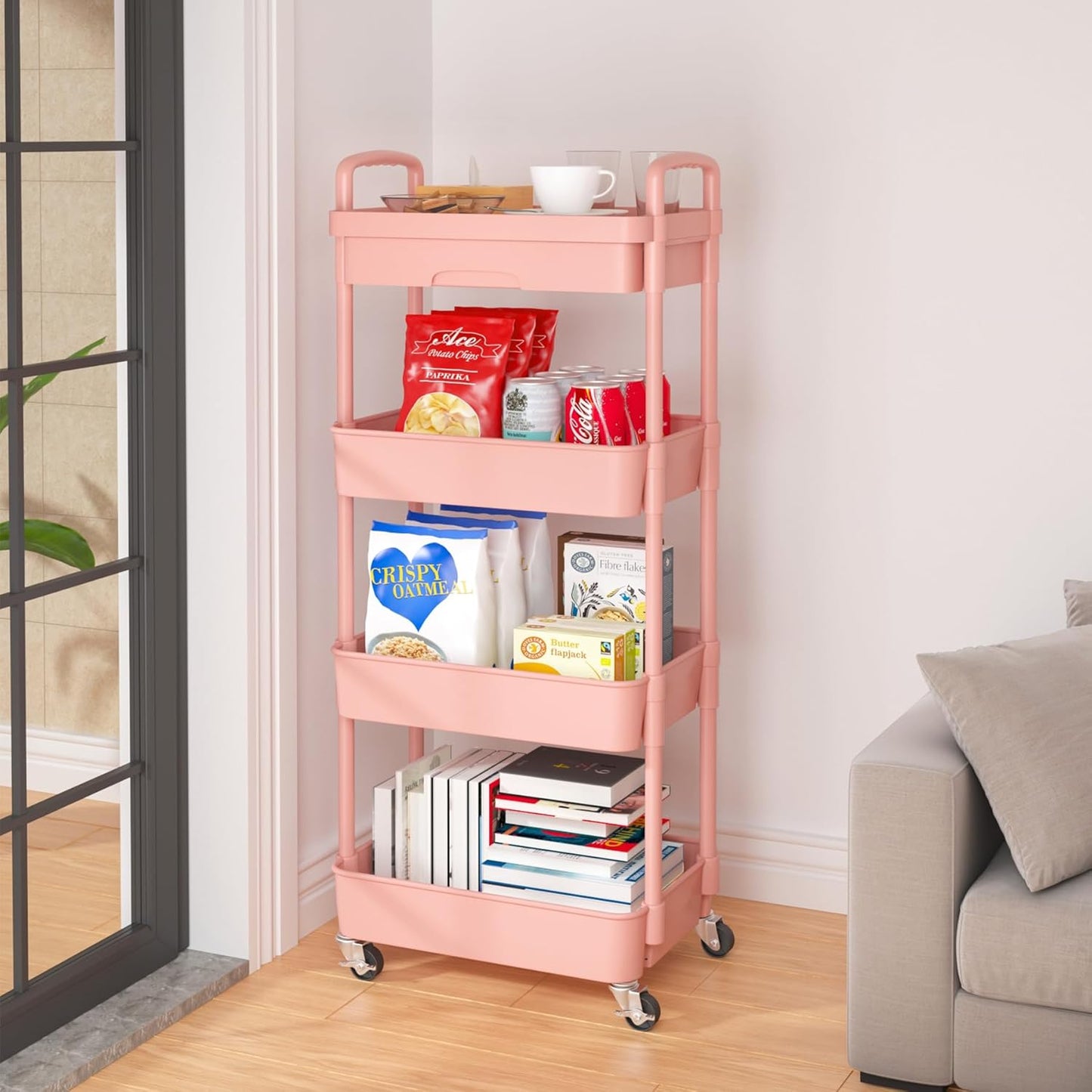 Calmootey 4-Tier Rolling Utility Cart with Drawer,Multifunctional Storage Organizer with Plastic Shelf & Metal Wheel,Storage Cart for Kitchen,Bathroom,Living Room,Office,Pink