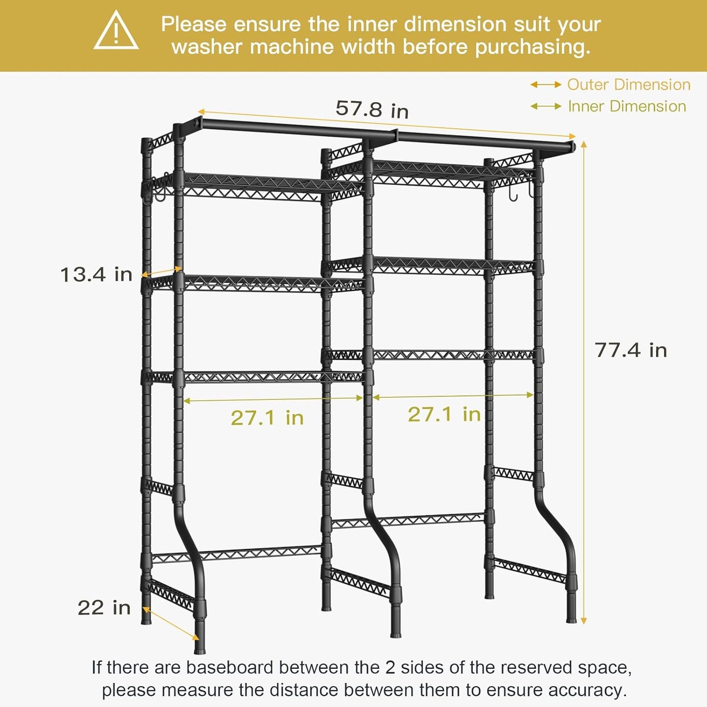 Ulif U13 Medium Over Washer and Dryer Storage Shelves, 6 Tiers Laundry Room Standing Shelf with 2 Hanger Rods, Space Saver Clothes Drying Rack, 57.8" W x 22" D x 77.4" H, Black