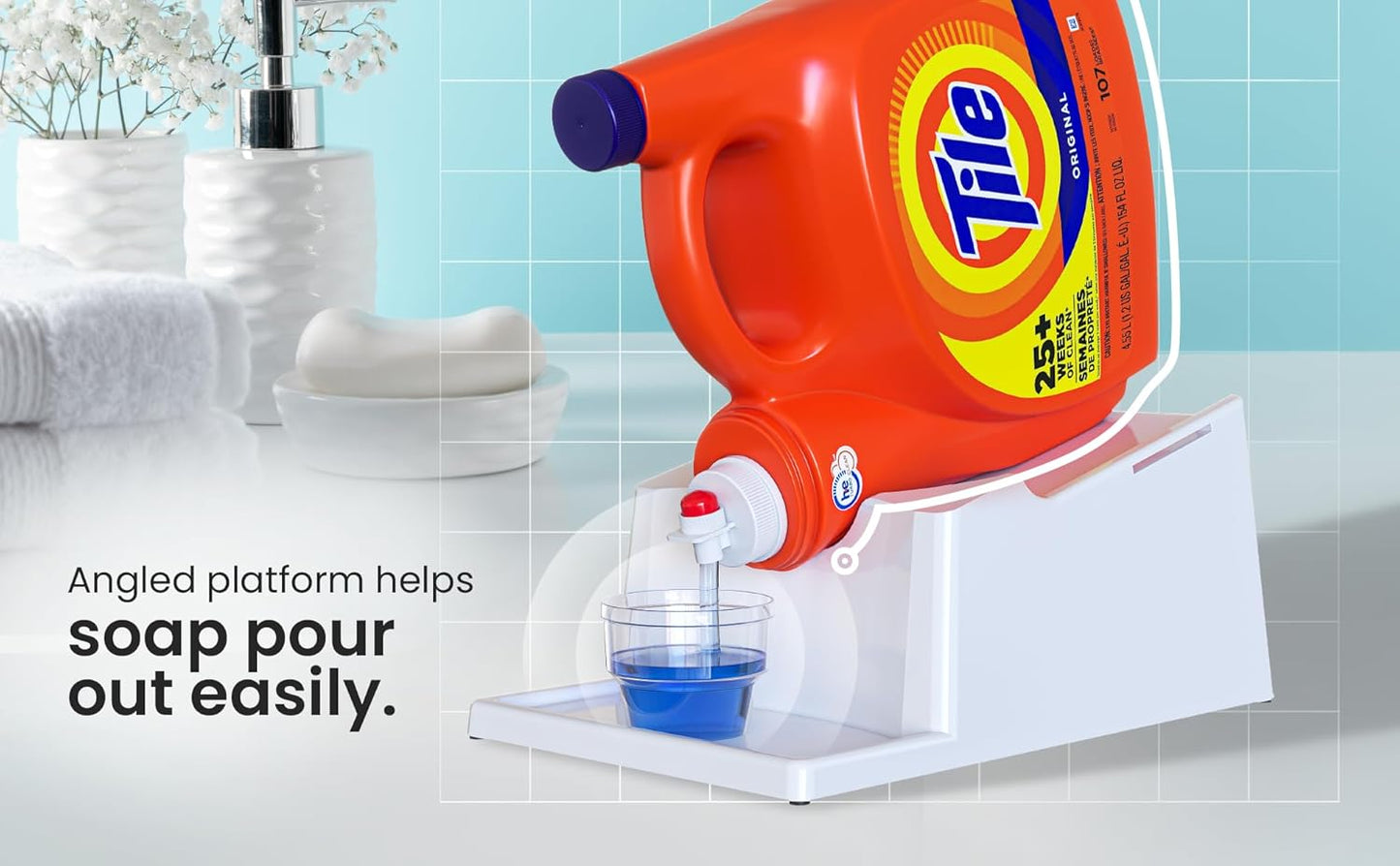 TidyFriend No-Spill Liquid Laundry Detergent Dispenser Holder, Laundry Soap Dispenser Holder with Drip Tray for Laundry Room Organization (No Strap, White)