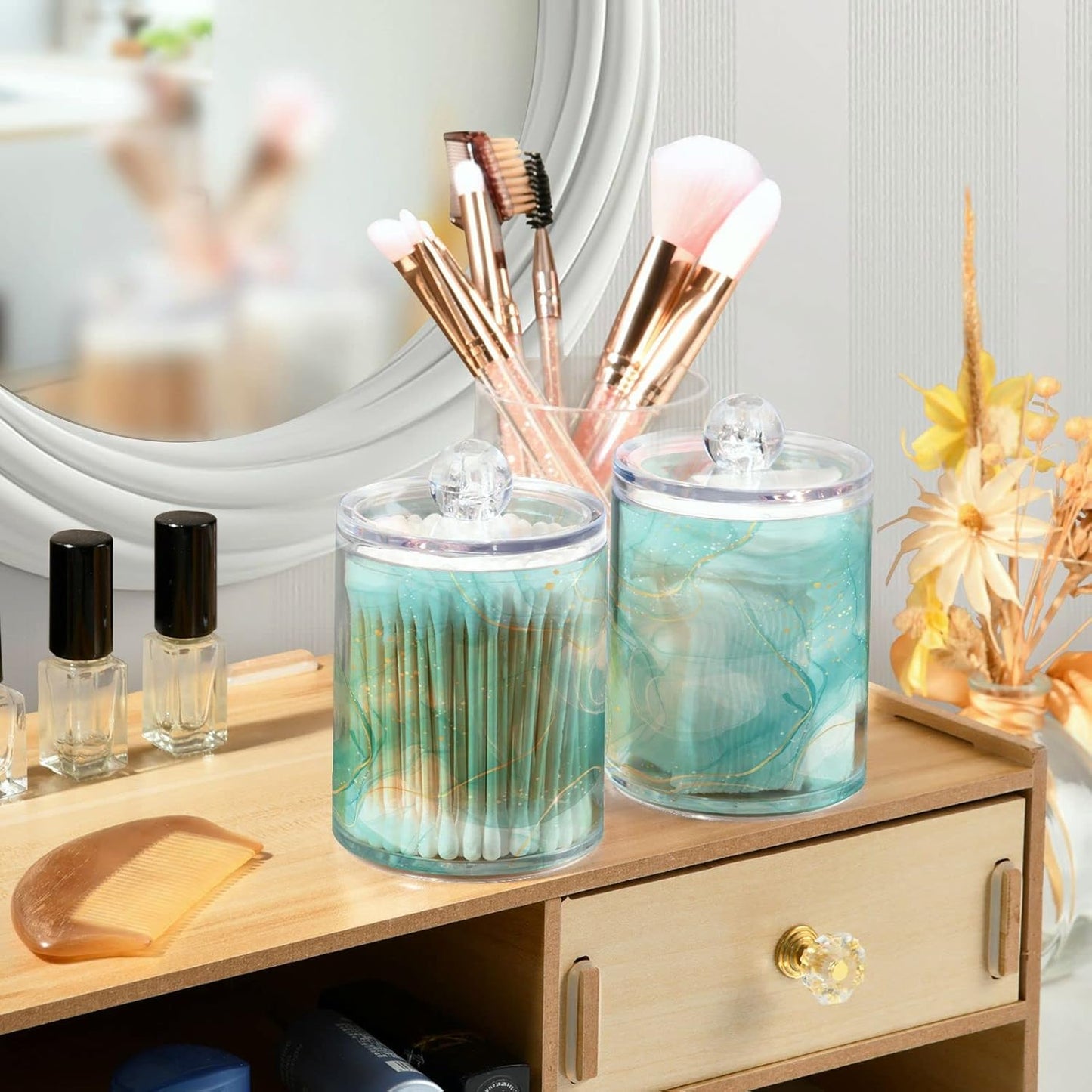 2 Pack Qtip Holder Dispenser Turquoise Marble Bathroom Storage Canister Lid Acrylic Plastic Apothecary Jar Set Vanity Makeup Organizer for Cotton Swabs/Pads/Floss