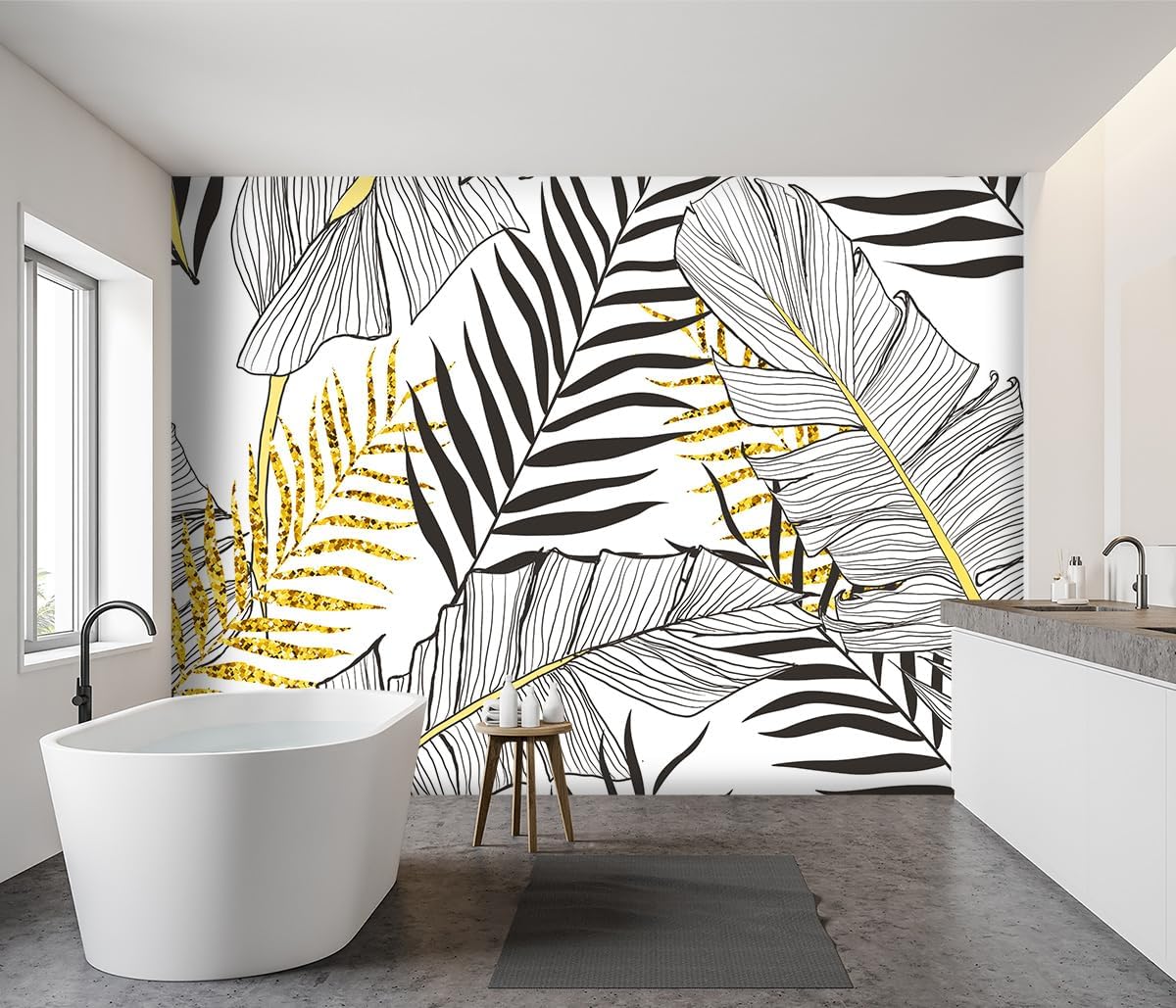 -Black and Gold Tropical Botanical Banana Leaf Fabric Wallpaper Living Room Bedroom Bathroom Abstract Plant Large Wall Mural- 160"x108"（ not Peel and Stick）