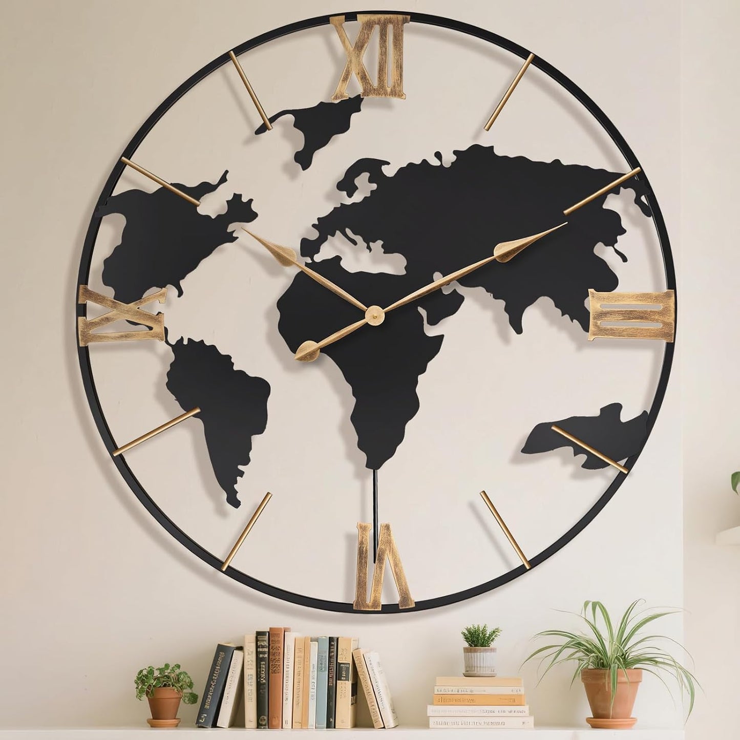 36 Inch Oversized Giant Extra Large Modern Decorative Metal World Map Wall Clock,Big Vintage Gold Roman Numeral Wall Clocks for Living Room,Entryway,Office,Fireplace,Dining Room