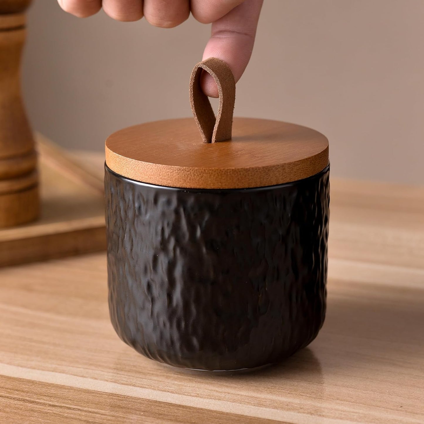 JOJUNO Black Ceramic Canister Set with Wooden Lid, 3-Piece Airtight Food Storage Jars for Kitchen Counter - Flour, Sugar, Coffee, Tea, Spice - Small, Medium, Large Sizes - Stone Texture