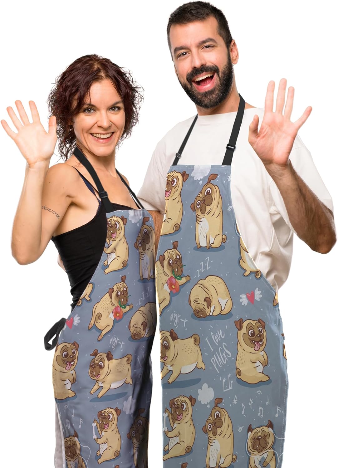 Paint Apron for Men Pug Puppies Dog Cartoon Bull Terrier Funny Aprons for Women for Kitchen Cooking Restaurant BBQ Painting Crafting Gardening 27” (W) x 31” (H), Waterproof Aprons