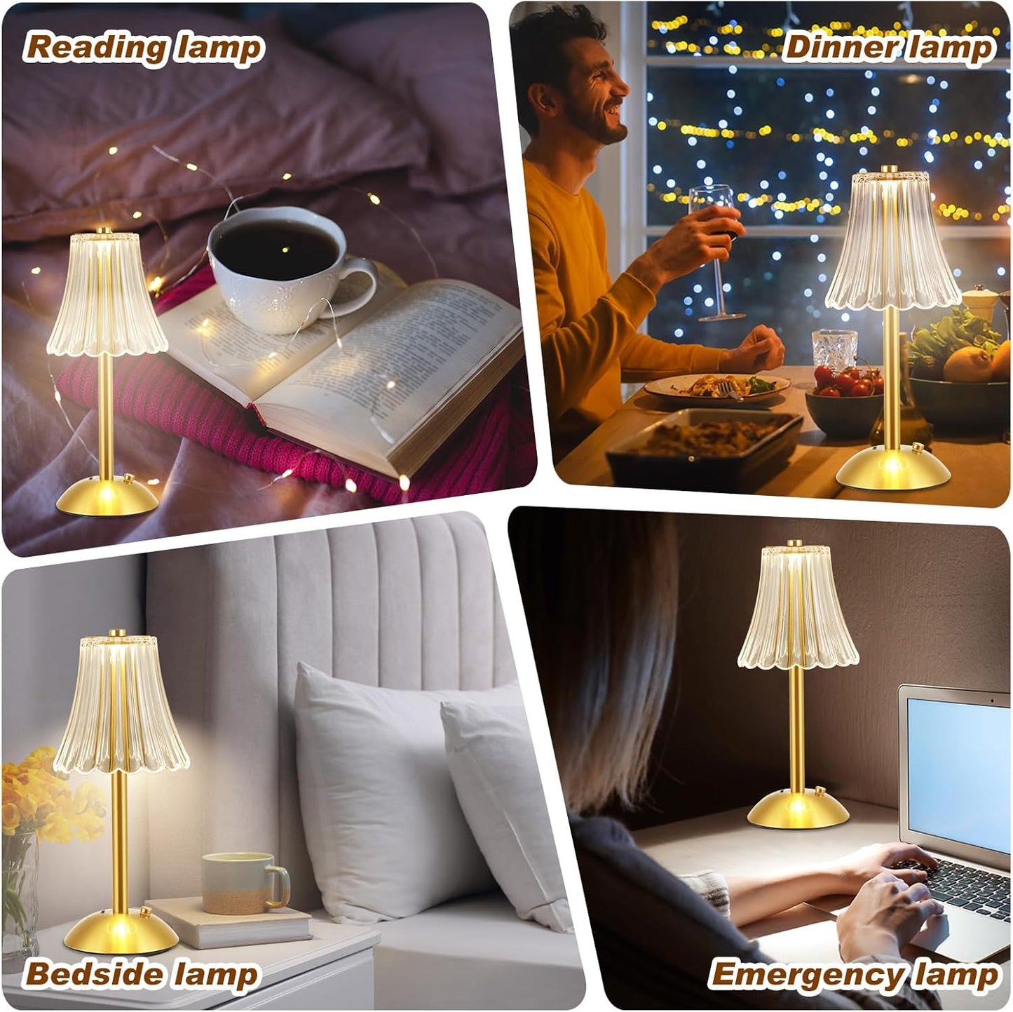 Liliful 8 Pcs LED Portable Cordless Table Lamp Touch Battery Operated Rechargeable Desk Lamp 3 Color Dimmable for Bedroom Living Room Dining (Rose Style,Gold)