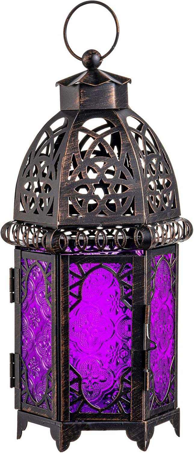 NEEDOMO Moroccan Candle Lantern, 12.8'' Hanging Lanterns Decorative Indoor Outdoor, Vintage Candle Holder for Chritsmas, Halloween, Table, Patio, Porch, Shelf, Gothic Home Decor (Purple)