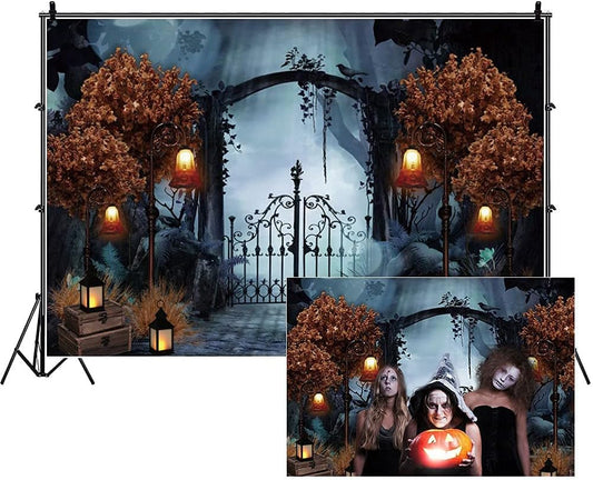 Durable Fabric Halloween Backdrop 7x5ft Horror Cemetery Iron Gate Scary Halloween Photo Background for Photography Halloween Party Decorations Banner Photo Studio Decoration Supplies