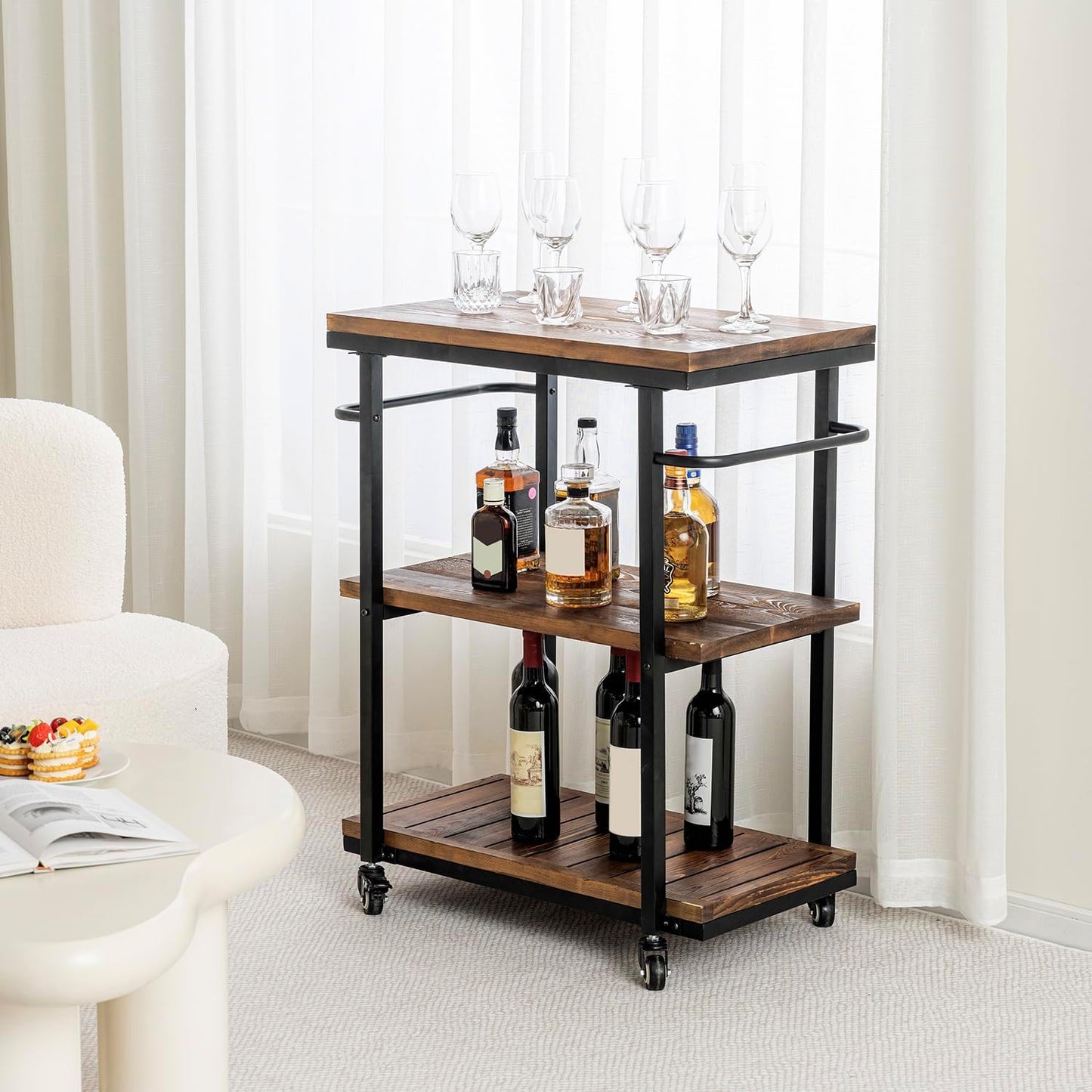 Bar Carts for The Home, Rolling Home Bar Serving Cart on Wheels, 3 Tier Portable Bar Cart, Rolling Coffee Cart with Lockable Wheels, Rustic Burnt Solid Wood and Industrial Matte Black Metal